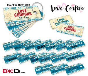 Double-Sided Mini Love Coupons Set 'For Her / For Him' w/Two Ring Style Holders - Epic IDs