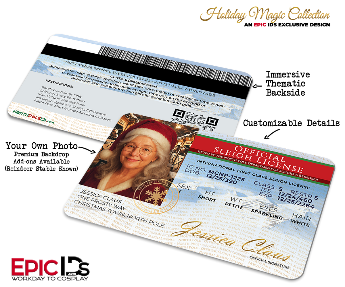 North Pole Sleigh License — Mrs. Claus First Class ID — Christmas Magic Prop — Photo Personalized