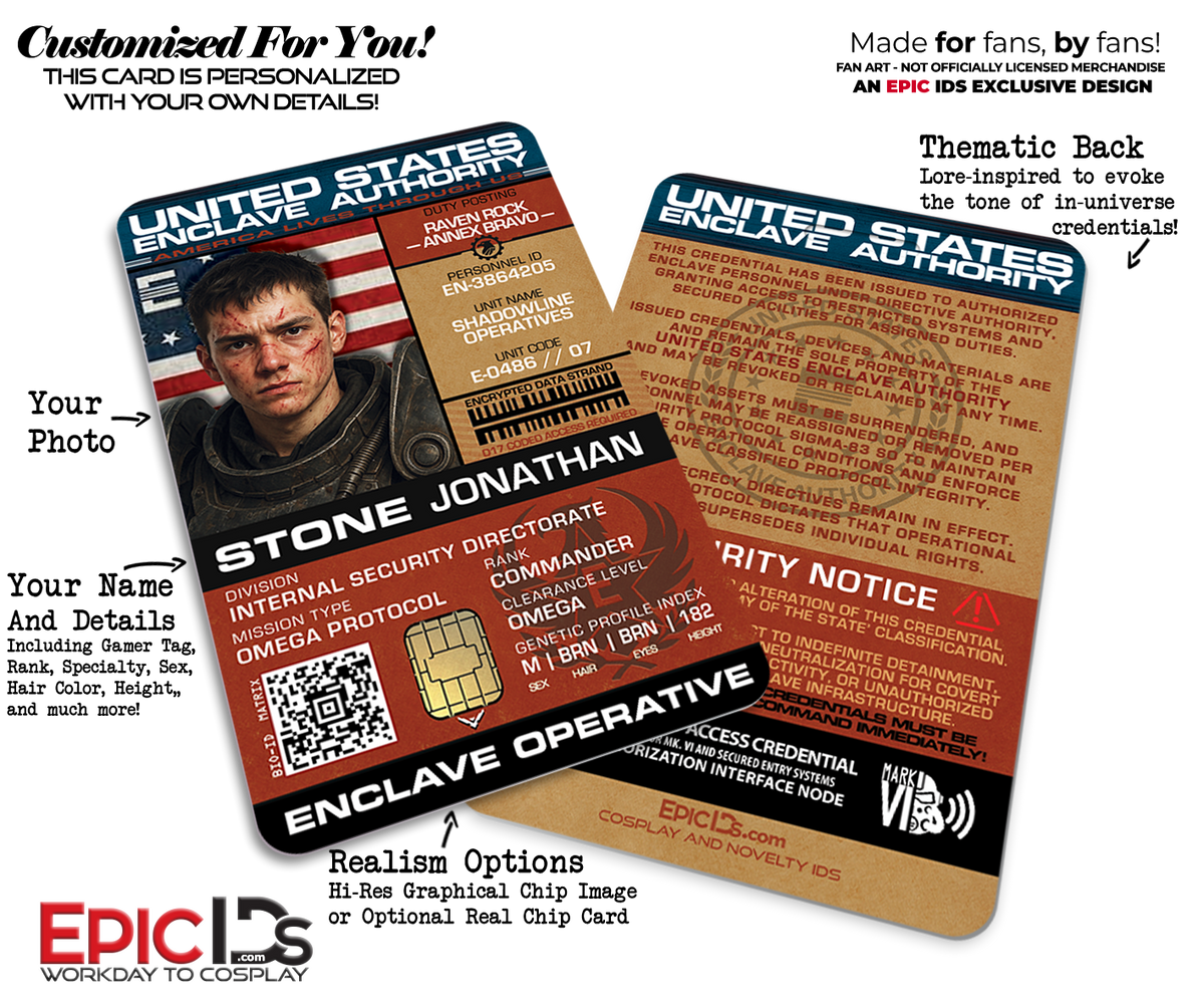 Enclave Personnel ID Badge — United States Enclave Authority Fallout Cosplay Prop — Photo Personalized