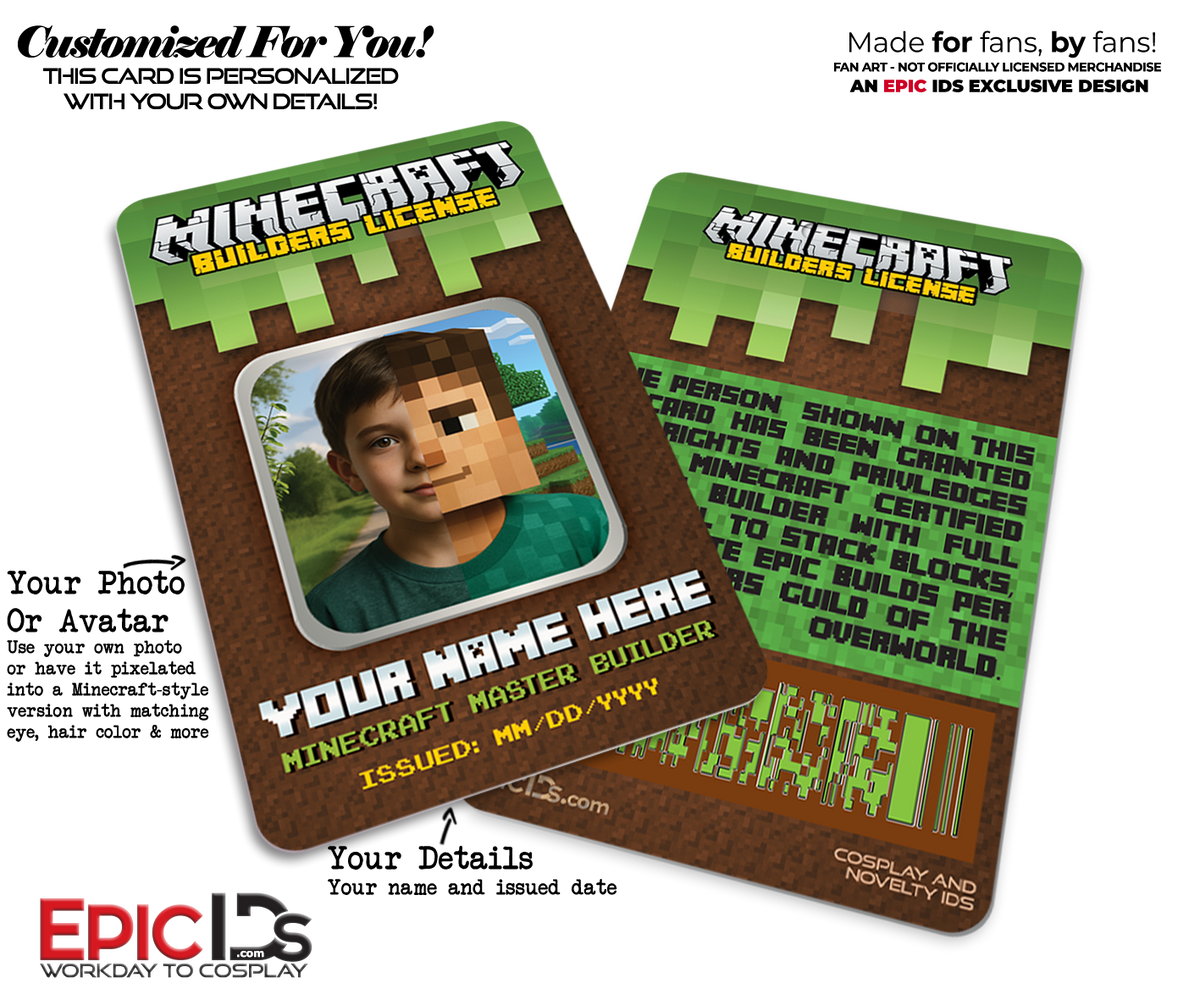 Minecraft Builder’s License ID Card — Master Builder Cosplay Prop — Photo Personalized