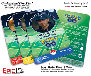 Pokemon GO Inspired Team Mystic, Valor or Instinct Player ID Card — Photo Personalized