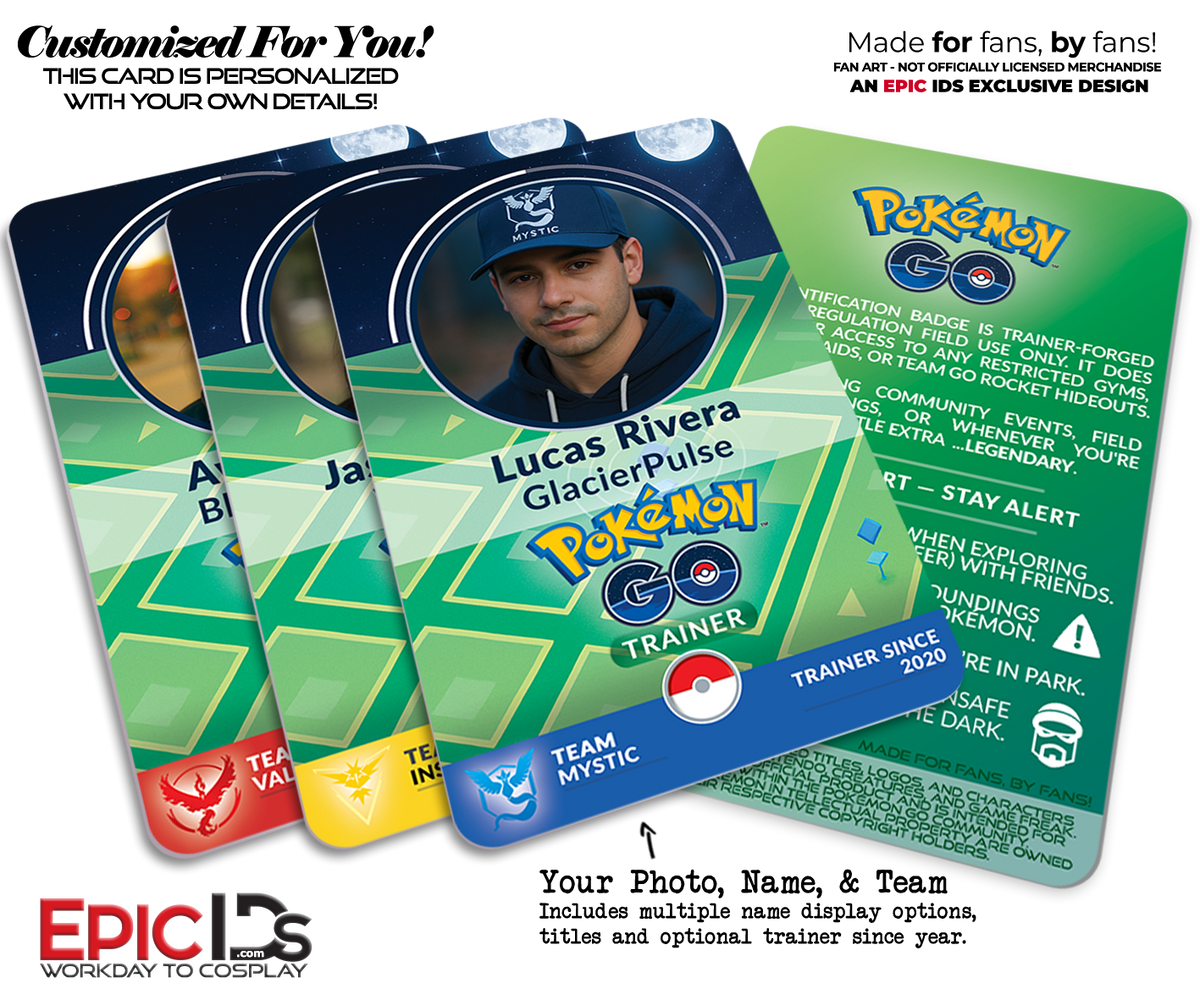 Pokemon GO Inspired Team Mystic, Valor or Instinct Player ID Card — Photo Personalized