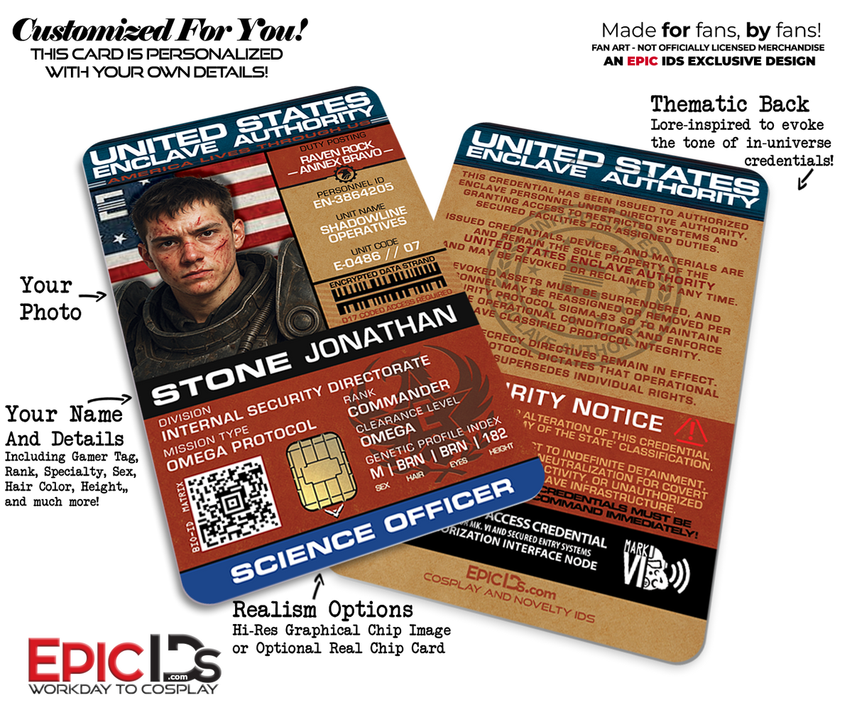 Enclave Personnel ID Badge — United States Enclave Authority Fallout Cosplay Prop — Photo Personalized