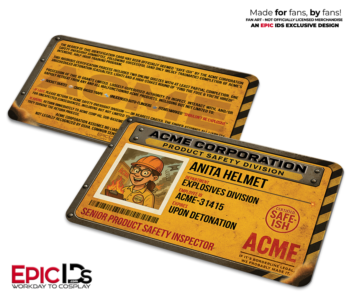 ACME Corporation ID Badge – Chuck McFlinch or Anita Helmet – Cartoon Photo ID