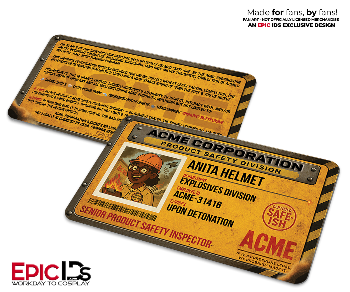 ACME Corporation ID Badge – Chuck McFlinch or Anita Helmet – Cartoon Photo ID