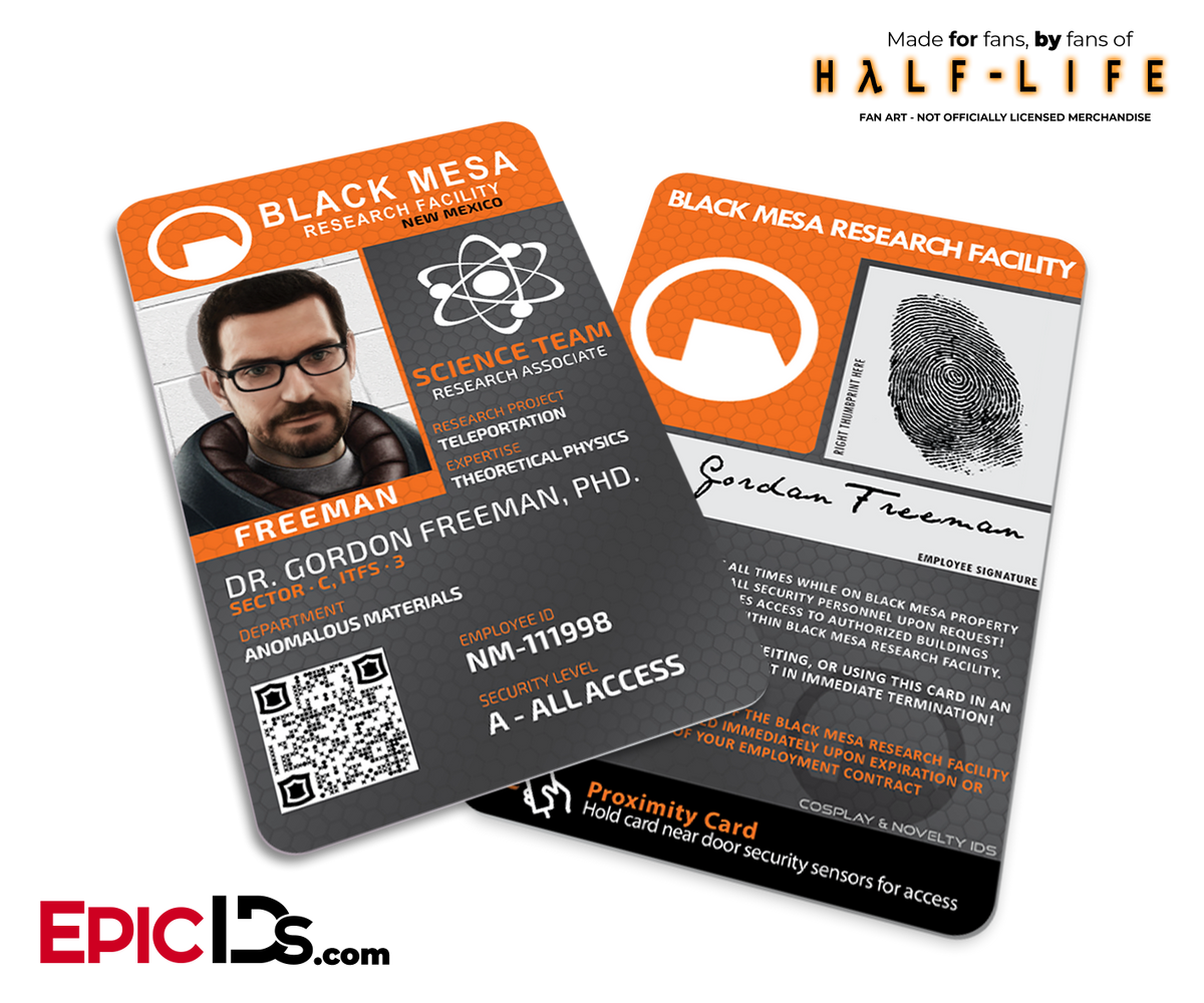 Black Mesa Research Facility 'Half Life' Science Team 'Gordon Freeman' ID Badge - Epic IDs