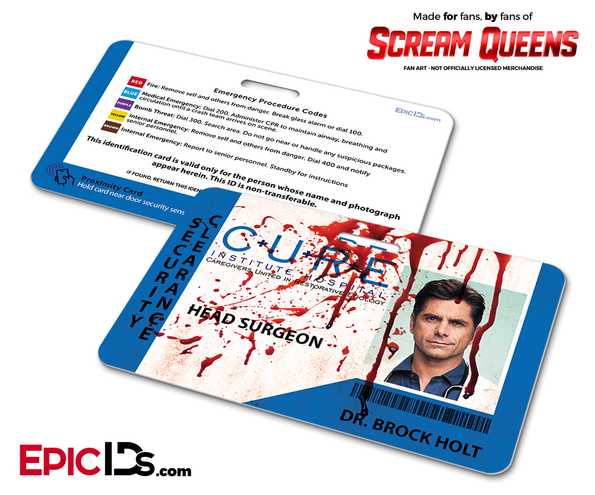 C.U.R.E. &#39;Scream Queens&#39; Hospital Cosplay Employee ID Name Badge - Dr. Brock Holt - Epic IDs