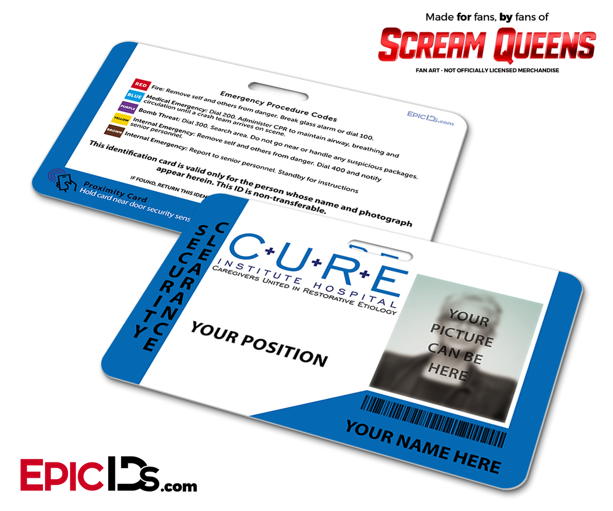 C.U.R.E. &#39;Scream Queens&#39; Hospital Cosplay Employee ID Name Badge [Photo Personalized] - Epic IDs