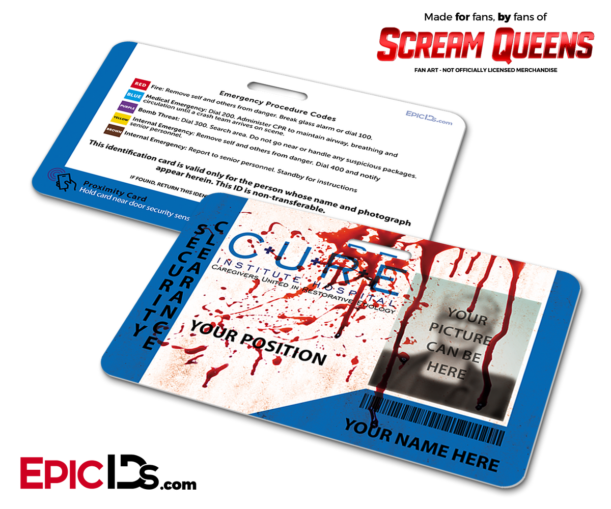 C.U.R.E. &#39;Scream Queens&#39; Hospital Cosplay Employee ID Name Badge [Photo Personalized] - Epic IDs