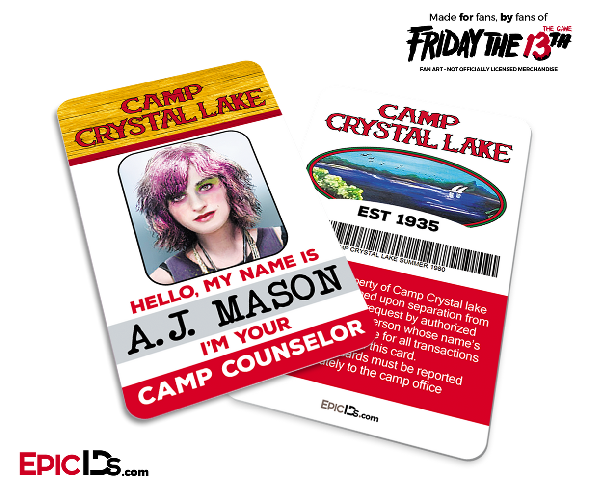 Camp Crystal Lake &#39;Friday the 13th - The Game&#39; Camp Counselor Cosplay Name Badge - A.J. Mason (Rocker Chick) - Epic IDs