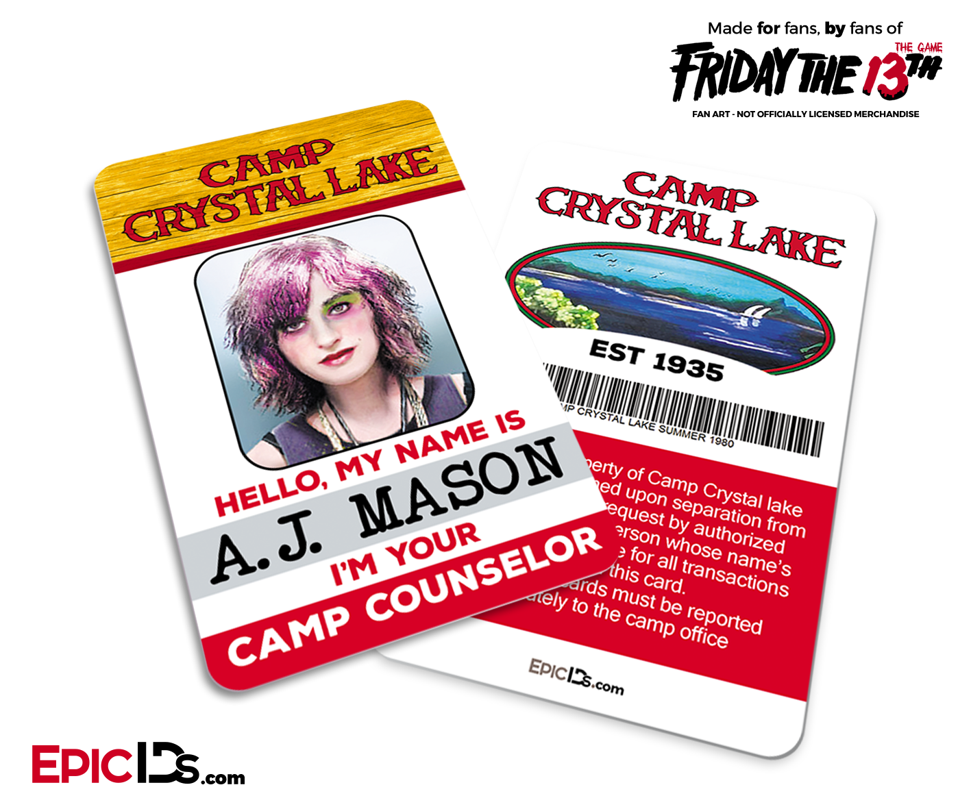 Camp Crystal Lake 'Friday the 13th - The Game' Camp Counselor Cosplay Name Badge - A.J. Mason (Rocker Chick) - Epic IDs