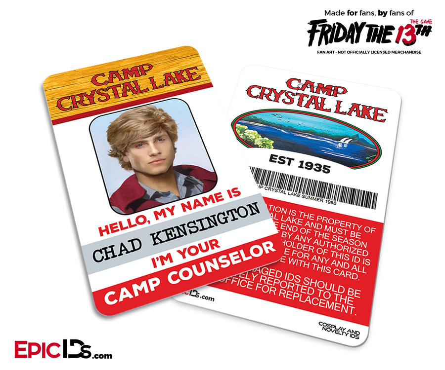 Camp Crystal Lake 'Friday the 13th - The Game' Camp Counselor Cosplay Name Badge - Chad Kensington (Preppy Guy) - Epic IDs