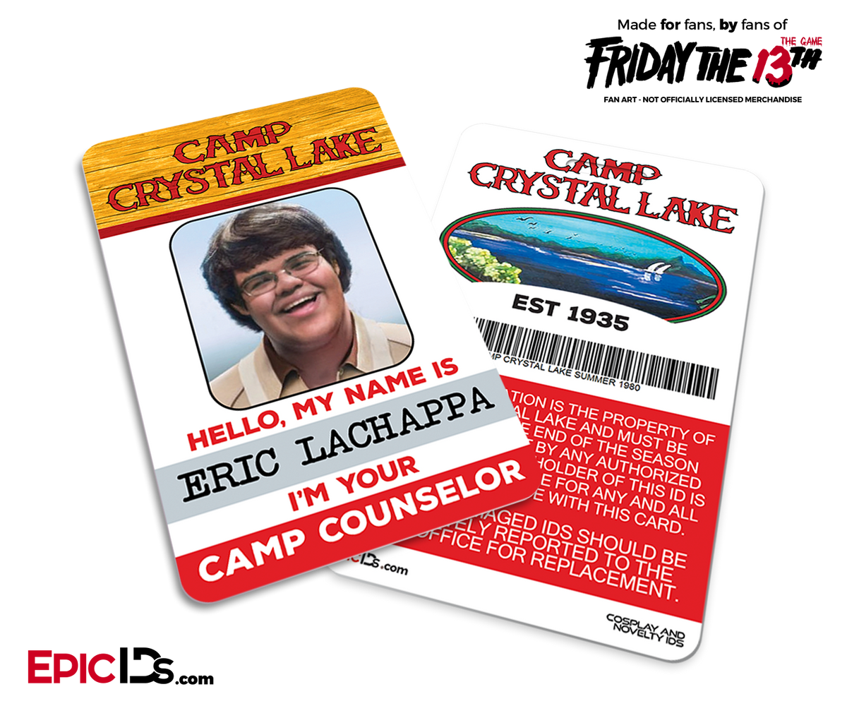 Camp Crystal Lake &#39;Friday the 13th - The Game&#39; Camp Counselor Cosplay Name Badge - Eric &quot;JR&quot; Lachappa (Nerd/Geek) - Epic IDs