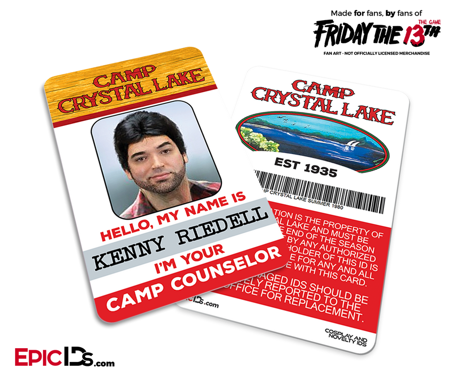 Camp Crystal Lake 'Friday the 13th - The Game' Camp Counselor Cosplay Name Badge - Kenny Riedell (Head Counselor) - Epic IDs