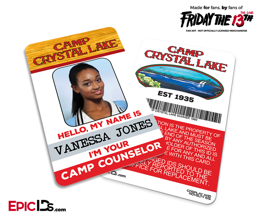 Camp Crystal Lake 'Friday the 13th - The Game' Camp Counselor Cosplay Name Badge - Vanessa Jones (Athletic Girl) - Epic IDs