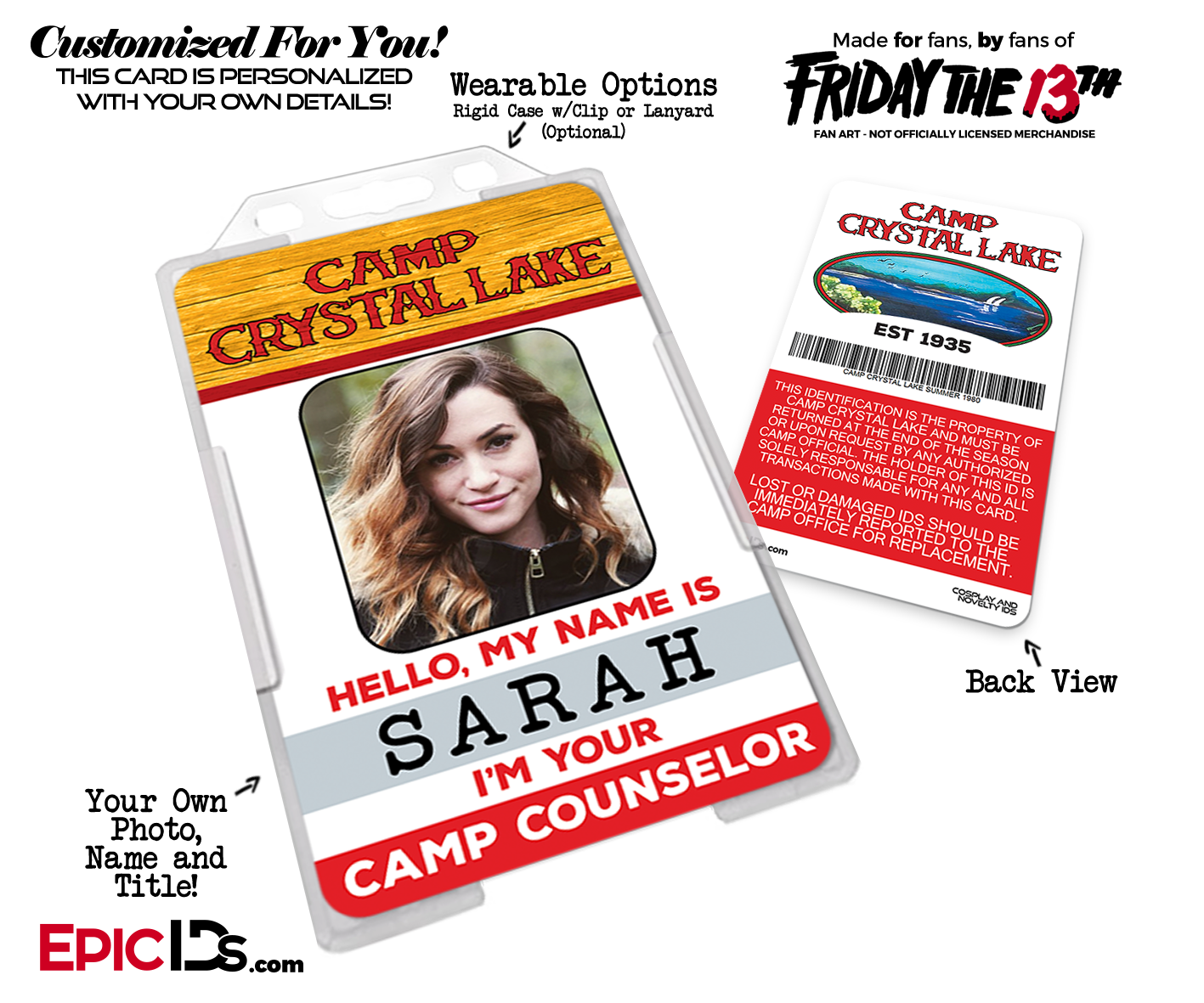 Camp Crystal Lake 'Friday the 13th' Camp Counselor Cosplay Name Badge [Photo Personalized] - Epic IDs