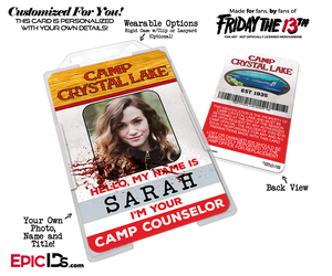 Camp Crystal Lake 'Friday the 13th' Camp Counselor Cosplay Name Badge [Photo Personalized] - Epic IDs