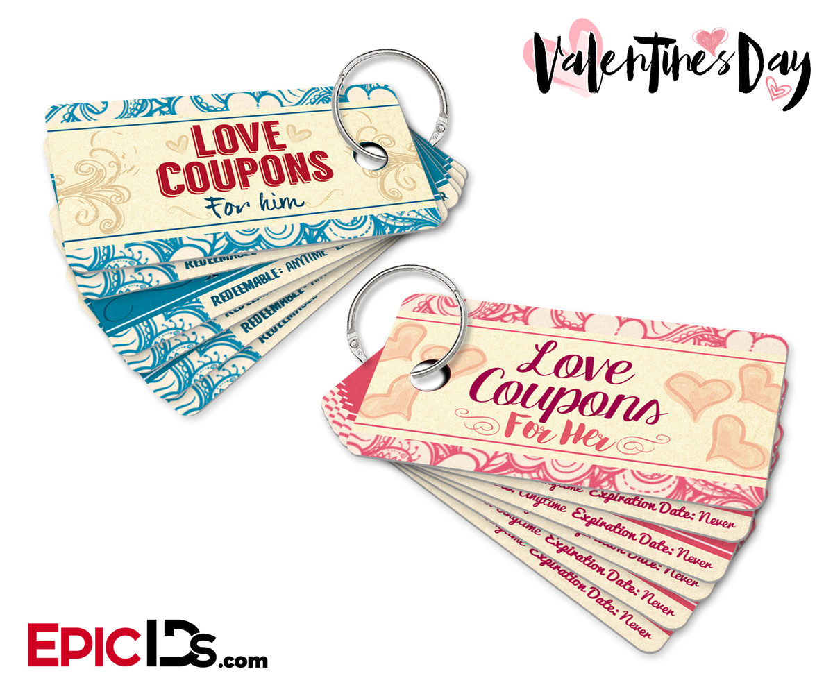 Double-Sided Mini Love Coupons Set &#39;For Her / For Him&#39; w/Two Ring Style Holders - Epic IDs