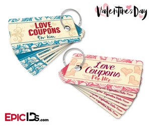 Double-Sided Mini Love Coupons Set 'For Her / For Him' w/Two Ring Style Holders - Epic IDs