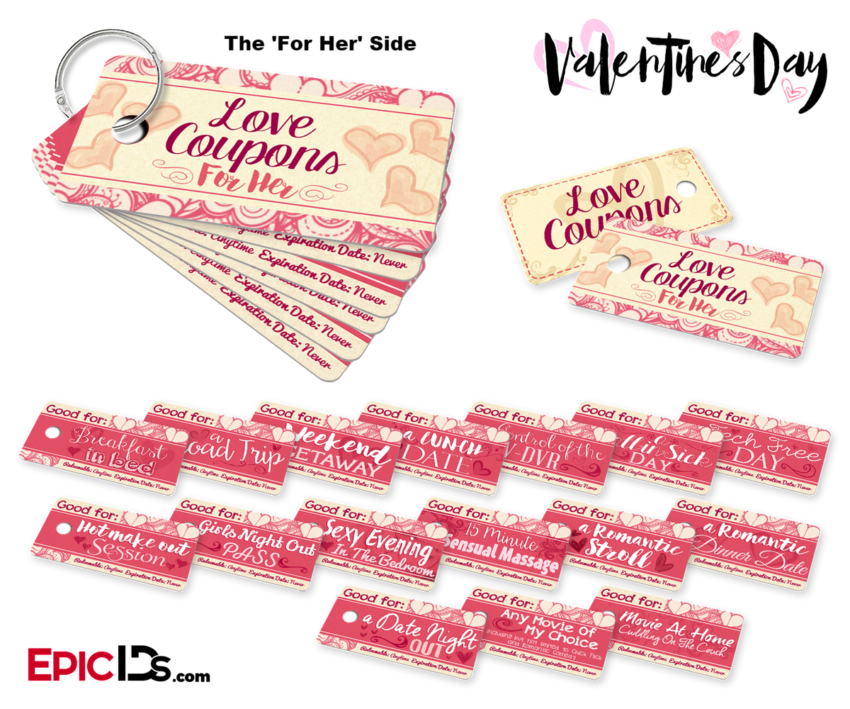 Double-Sided Mini Love Coupons Set &#39;For Her / For Him&#39; w/Two Ring Style Holders - Epic IDs