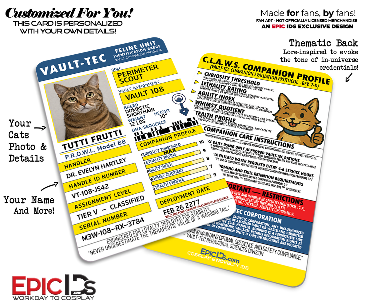 Vault-Tec Feline Animal Companion Pet ID Badge — Fallout Cosplay Prop — Photo Personalized For Cats