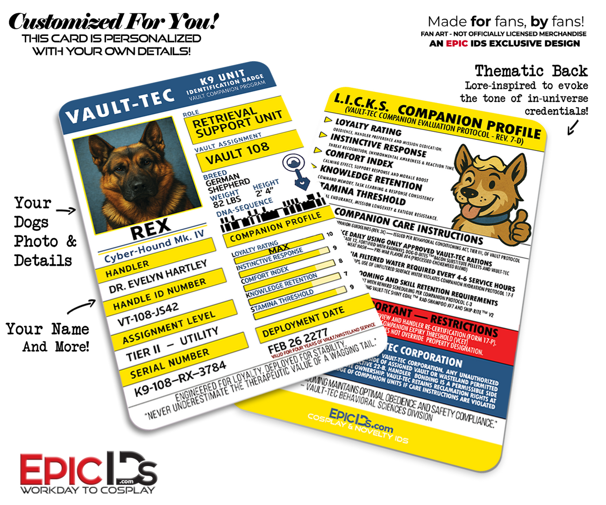 Vault-Tec K9 Animal Companion Pet ID Badge — Fallout Cosplay Prop — Photo Personalized For Dogs