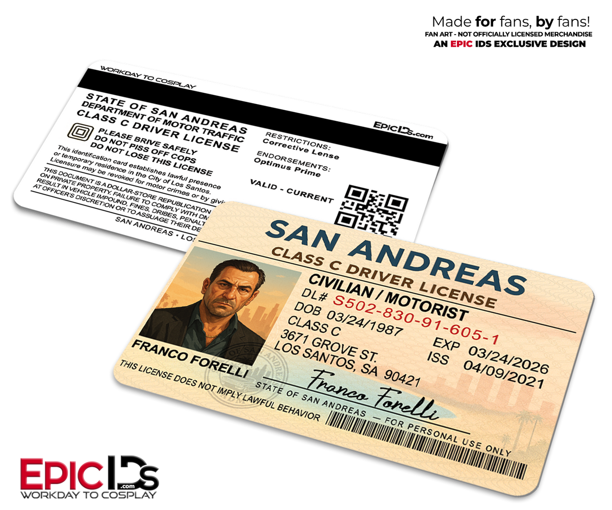 Franco Forelli San Andreas Driver License — GTA-Inspired Character ID Badge