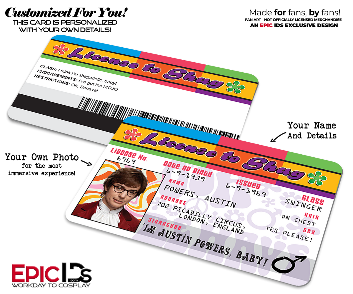 License To Shag &#39;Austin Powers&#39; Cosplay Novelty ID Card [Photo Personalized] - Epic IDs