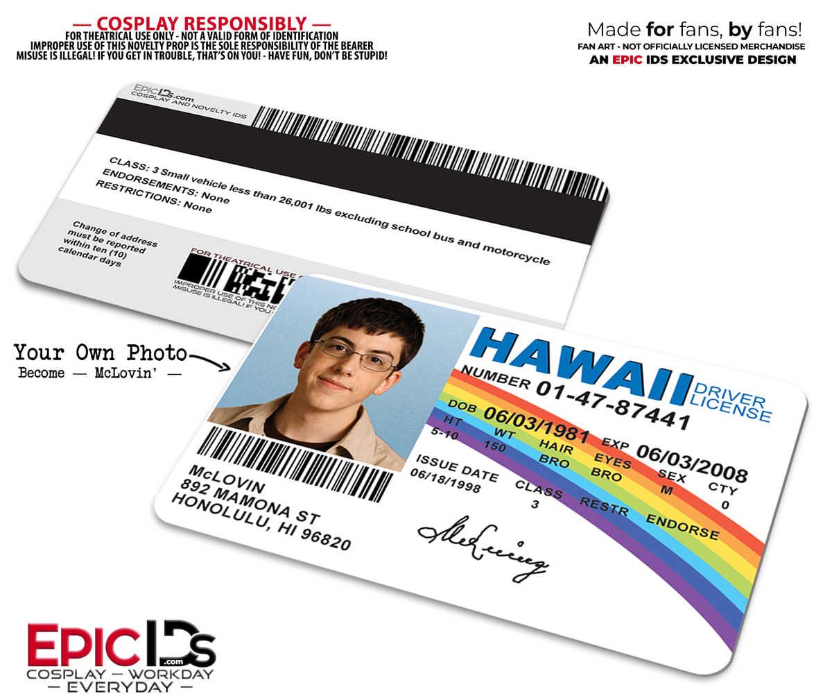McLovin' Hawaii 'Fake ID' License — Superbad — Photo Personalized