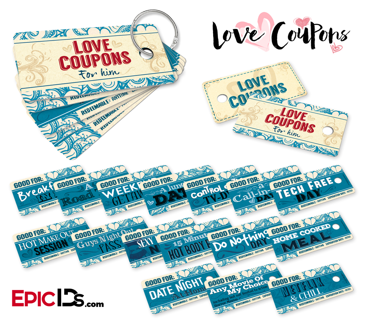 Mini Love Coupons Set &#39;For Him&#39; w/Ring Style Holder  [Personalized] - Epic IDs