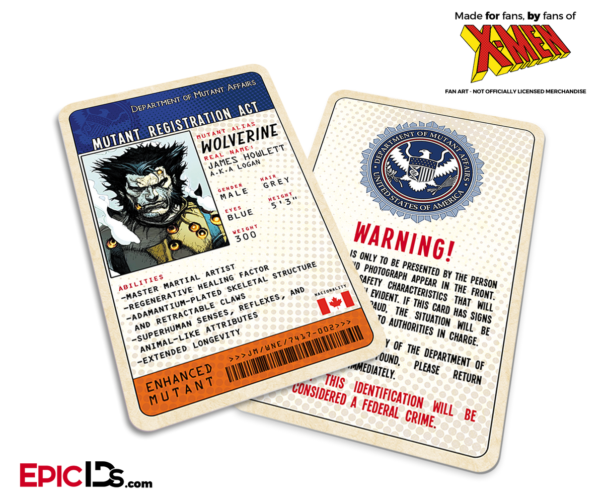 Mutant Registration Act &#39;X-Men&#39; Classic Comic Identification Card - James Howlett &#39;Logan&#39; / Wolverine - Epic IDs