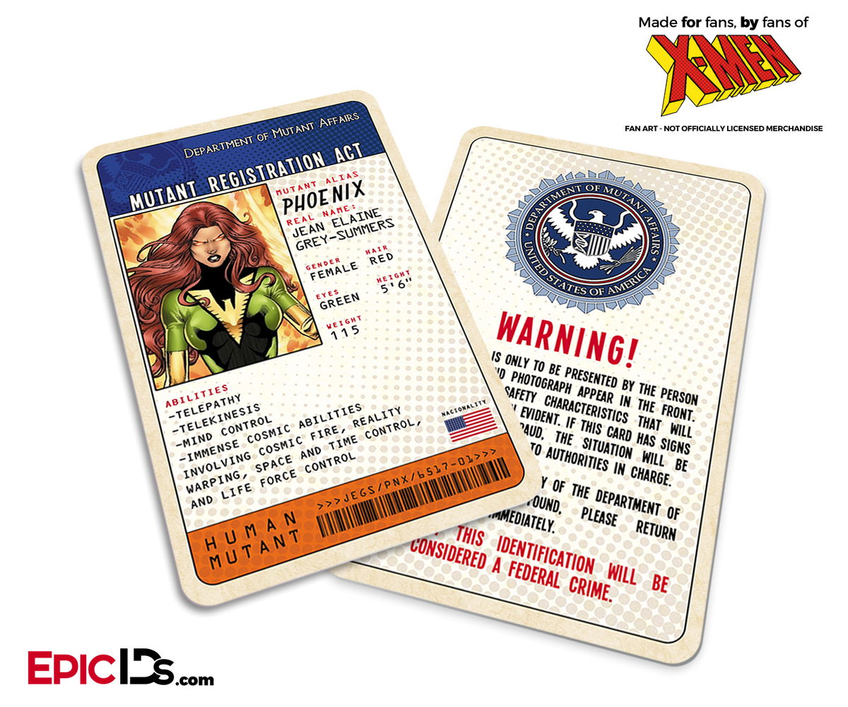 Mutant Registration Act &#39;X-Men&#39; Classic Comic Identification Card - Jean Grey / Phoenix - Epic IDs