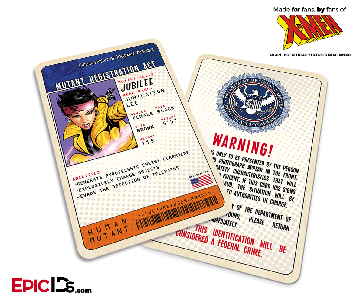 Mutant Registration Act &#39;X-Men&#39; Classic Comic Identification Card - Jubilation Lee / Jubilee - Epic IDs