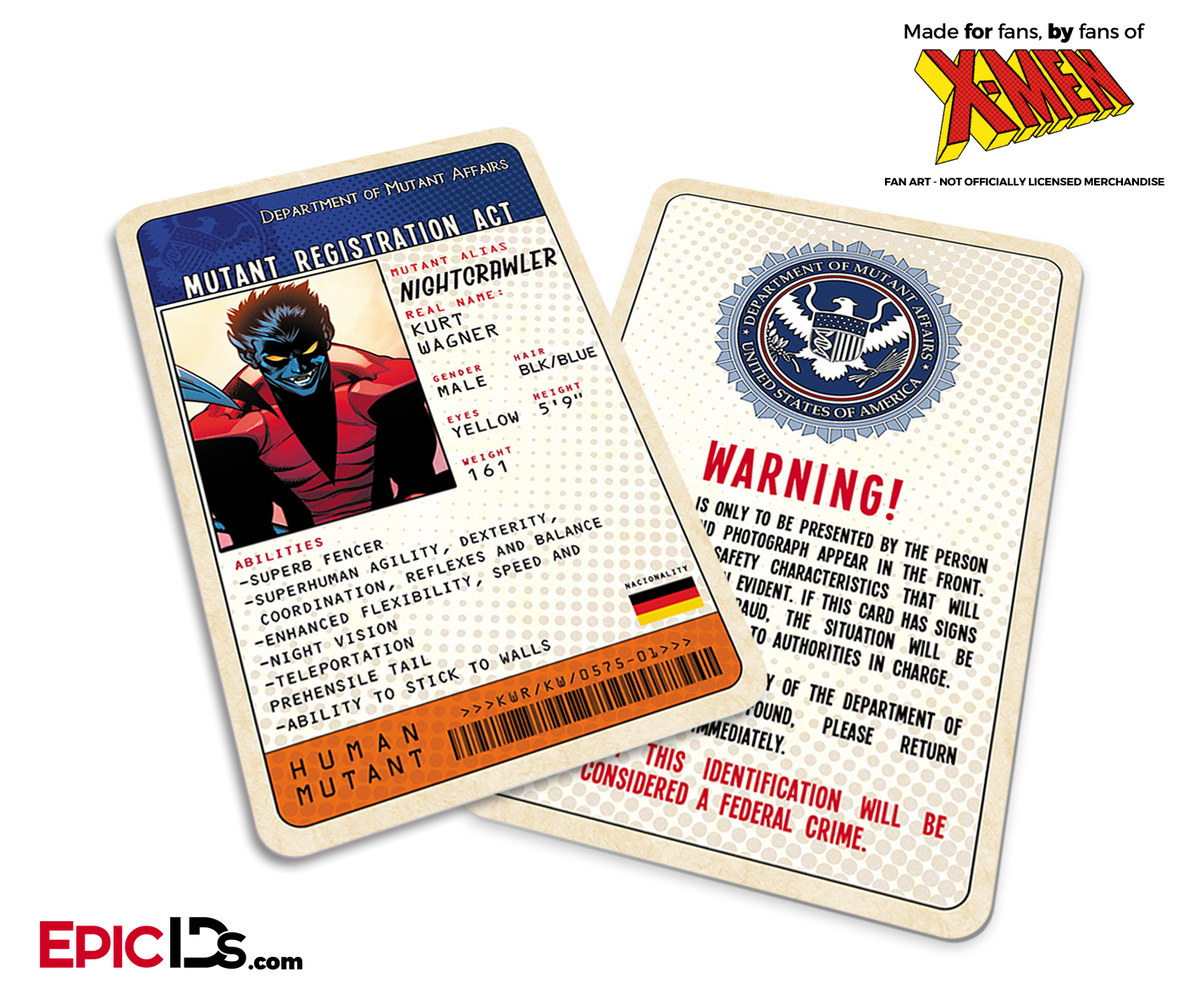 Mutant Registration Act &#39;X-Men&#39; Classic Comic Identification Card - Kurt Wagner / NightCrawler - Epic IDs
