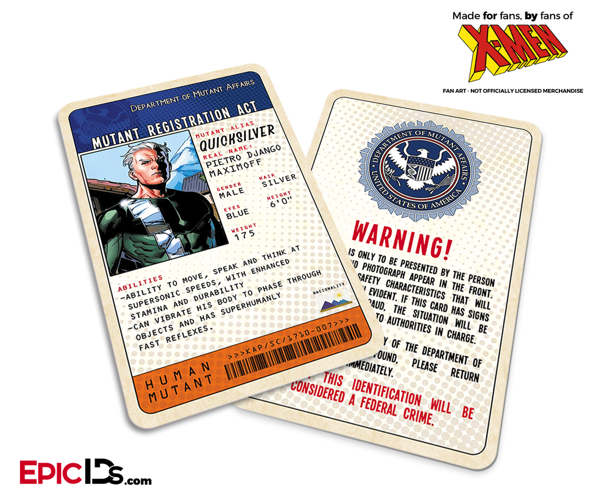 Mutant Registration Act &#39;X-Men&#39; Classic Comic Identification Card - Pietro Maximoff / QuickSilver - Epic IDs