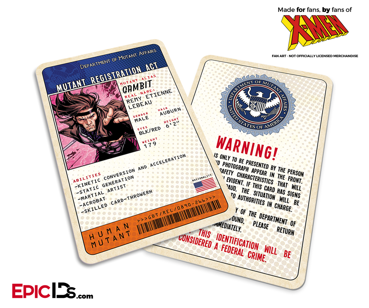 Mutant Registration Act &#39;X-Men&#39; Classic Comic Identification Card - Remy Lebeau / Gambit - Epic IDs