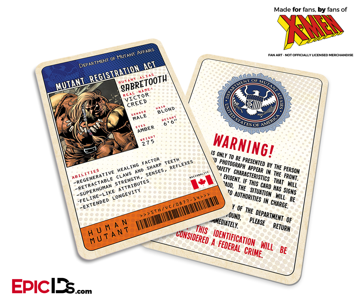 Mutant Registration Act &#39;X-Men&#39; Classic Comic Identification Card - Victor Creed / SaberTooth - Epic IDs