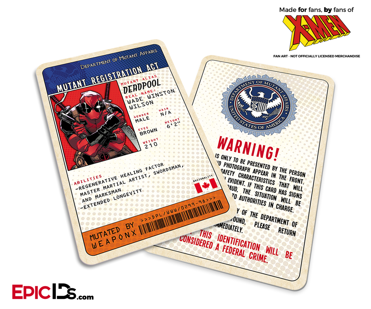 Mutant Registration Act &#39;X-Men&#39; Classic Comic Identification Card - Wade Wilson / Deadpool - Epic IDs