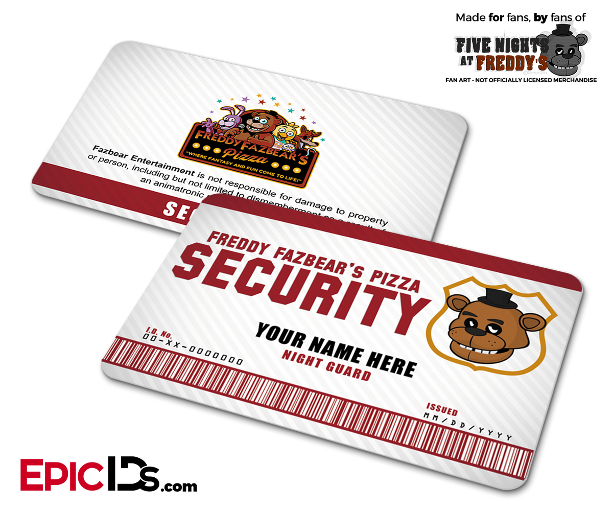 Night Guard Freddy Fazbear&#39;s Pizza FNAF ID Badge (Wide) [Personalized] - Epic IDs