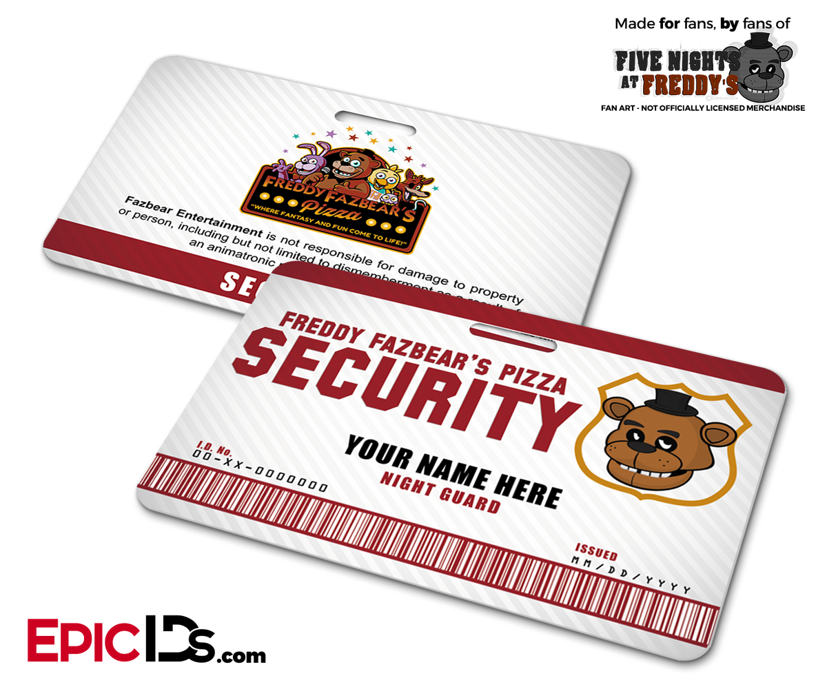 Night Guard Freddy Fazbear&#39;s Pizza FNAF ID Badge (Wide) [Personalized] - Epic IDs