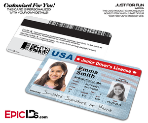 Novelty Junior Driver's License, Class: K — For Kids — Photo Personalized