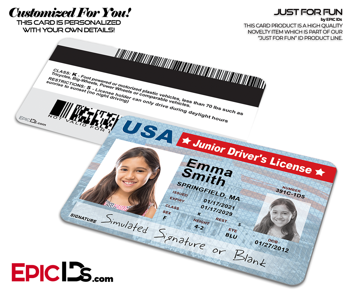 Novelty Junior Driver&#39;s License, Class: K - For Kids [Photo Personalized] - Epic IDs