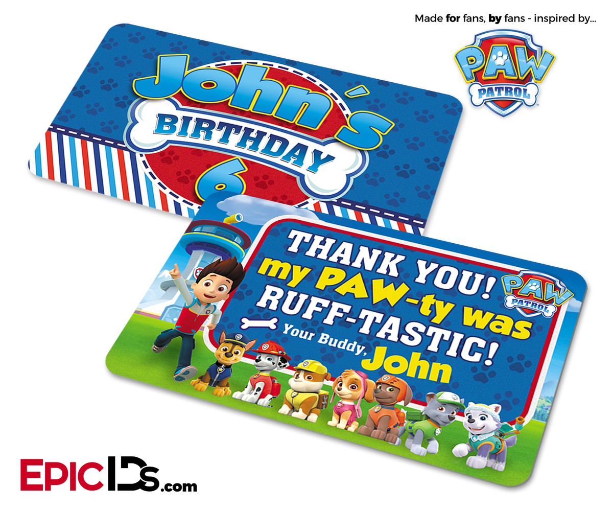 PAW Patrol Inspired Birthday Party &#39;Party Favor&#39; Cards [Personalized] - Epic IDs