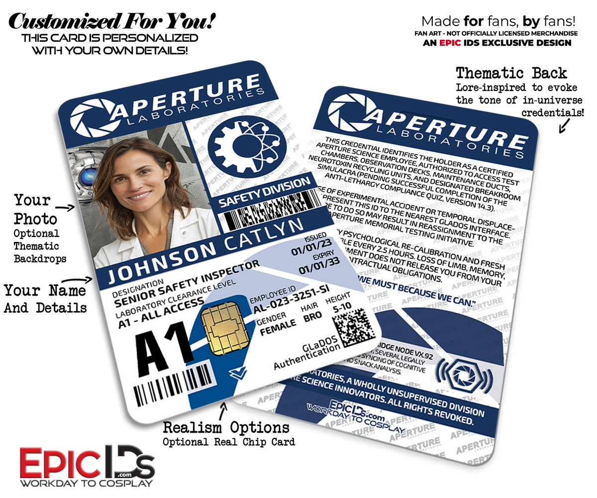 Aperture Labs Employee ID Badge — Portal Cosplay Prop — Photo Personalized