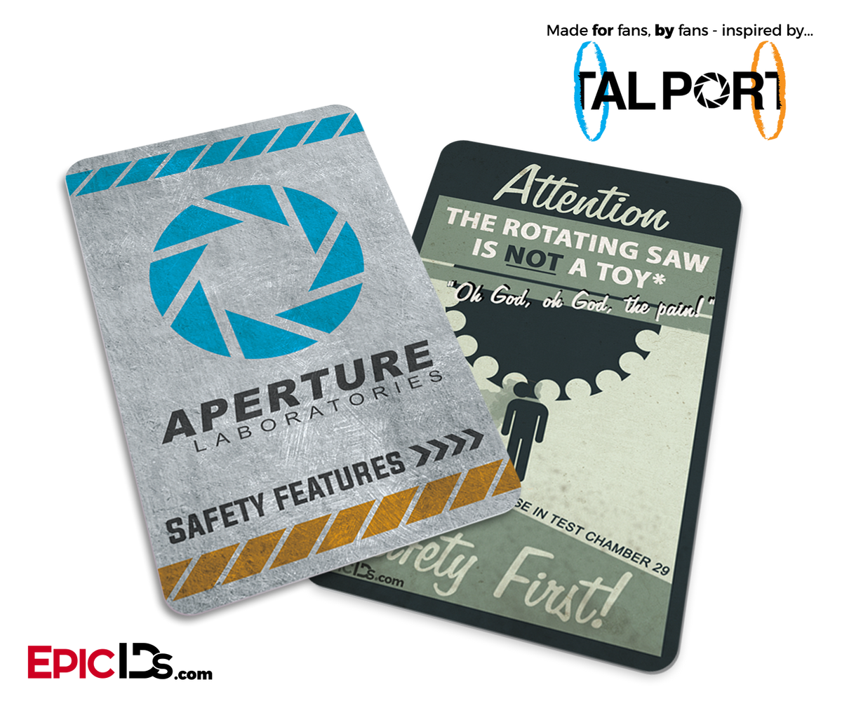 Portal Inspired Aperture Labs &quot;Rotating Saw Is Not A Toy&quot; Safety Card - Epic IDs