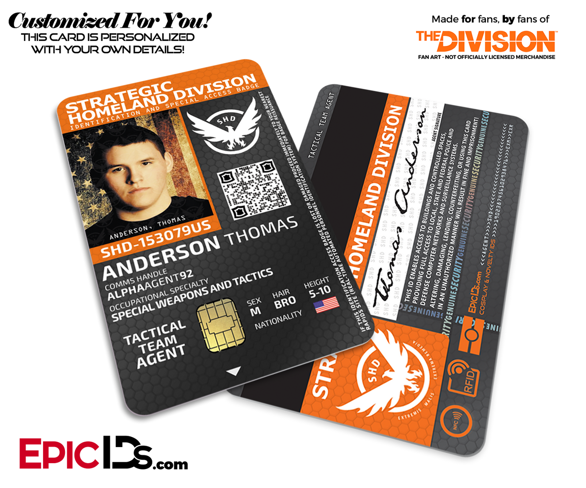 Strategic Homeland Division (SHD) &#39;The Division&#39; Agent ID Badge [Photo Personalized] - Epic IDs