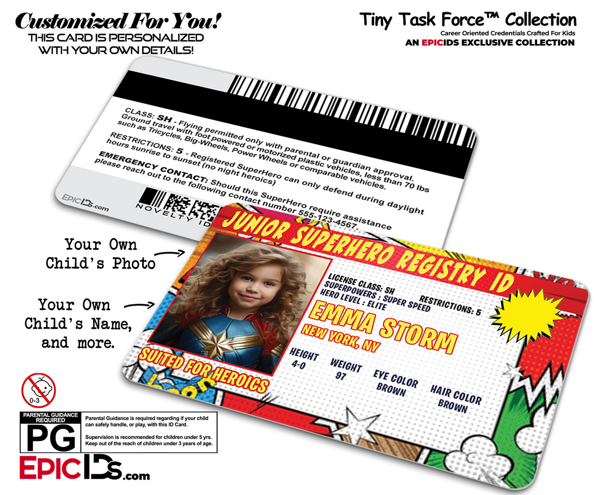 Tiny Task Force™- Junior Superhero Registry ID Card For Kids [Photo Personalized] - Epic IDs