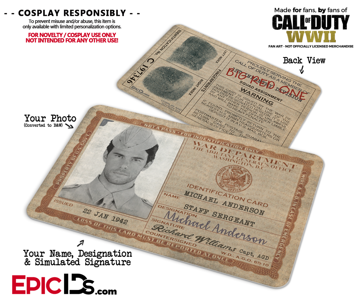 WWII War Department &quot;Call of Duty&quot; Cosplay Name Badge/ID Card [Photo Personalized] - Epic IDs