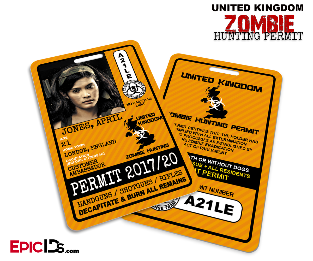 Zombie Hunting Permit - United Kingdom - Cosplay ID Badge [Photo Personalized] - Epic IDs