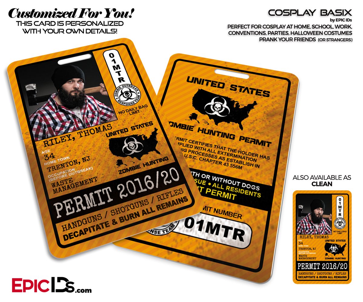 Zombie Hunting Permit - United States - Cosplay ID Badge [Photo Personalized] - Epic IDs
